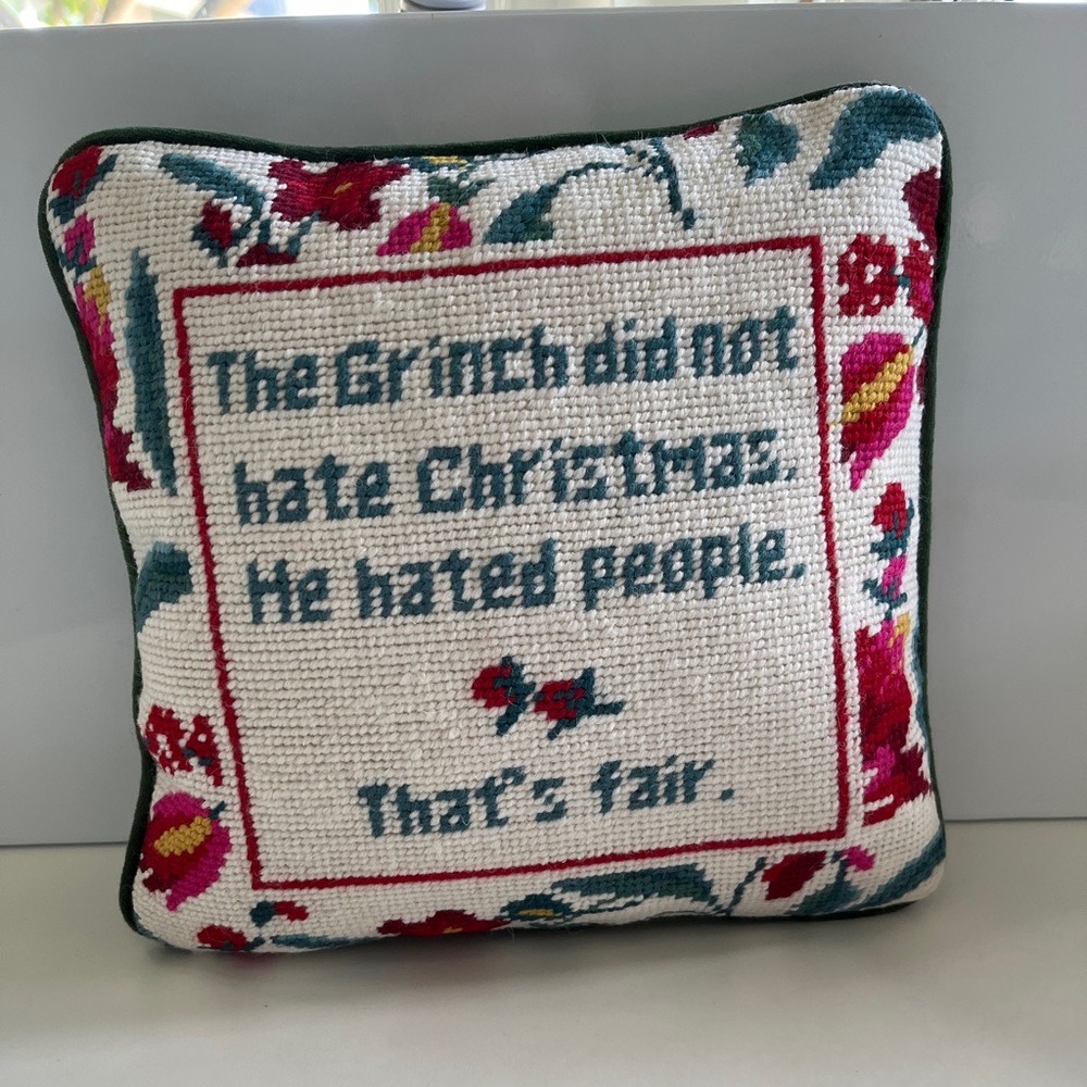 Furbish Studio Needlepoint Pillow Grinch Didn’t Hate Christmas Holiday Gift